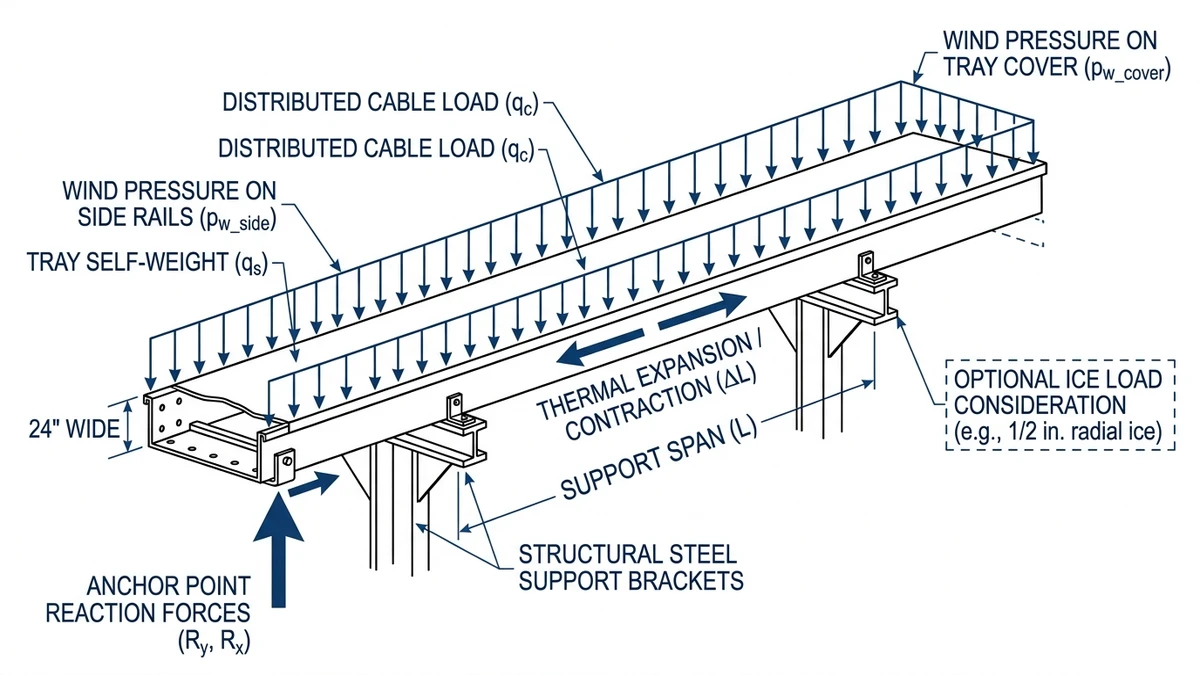 Outdoor cable tray loading diagram showing wind, thermal movement, supports, and cable weight