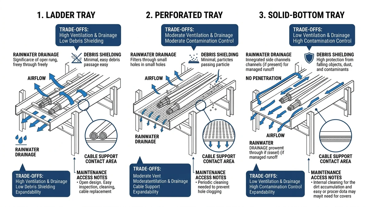Outdoor cable tray comparison showing ladder, perforated, and solid-bottom configurations