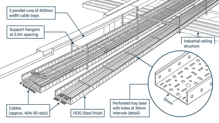 Perforated cable tray routed across industrial plant ceiling with multiple cable layers
