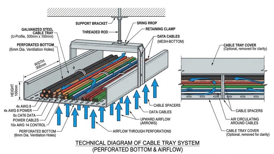 Perforated cable tray cross-section showing perforation pattern, sidewall height, and passive airflow path