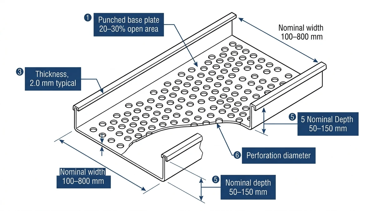 Perforated cable tray cross-section showing punched base plate, side rails, and nominal dimensions