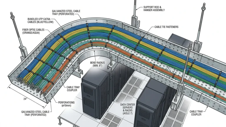 Perforated cable tray routing data cables in a data center overhead installation
