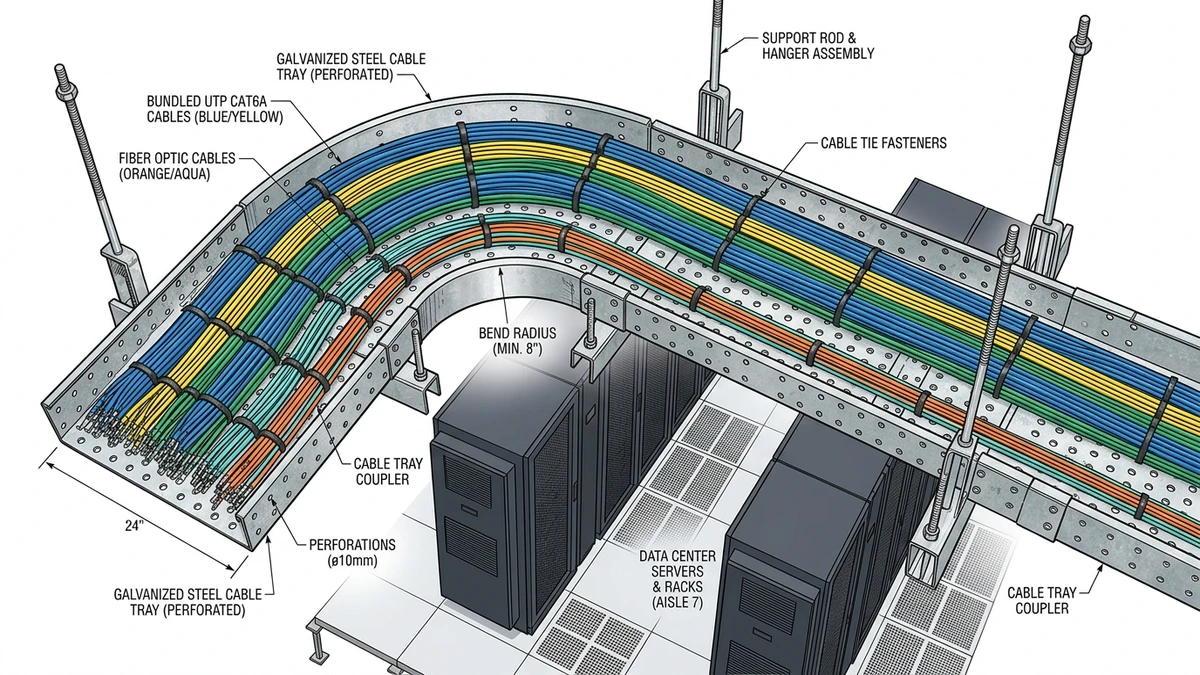 Perforated cable tray routing data cables in a data center overhead installation