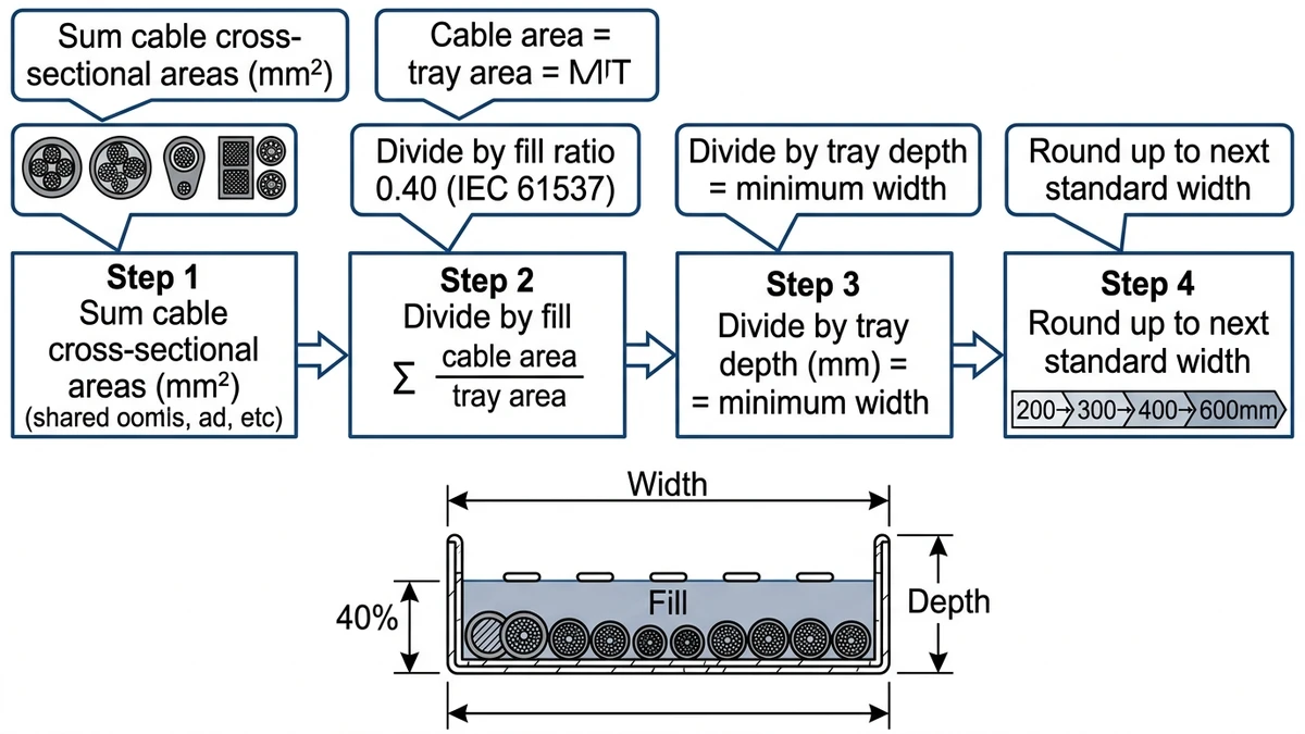 Cable tray fill ratio calculation diagram showing 40% cross-section rule with worked example