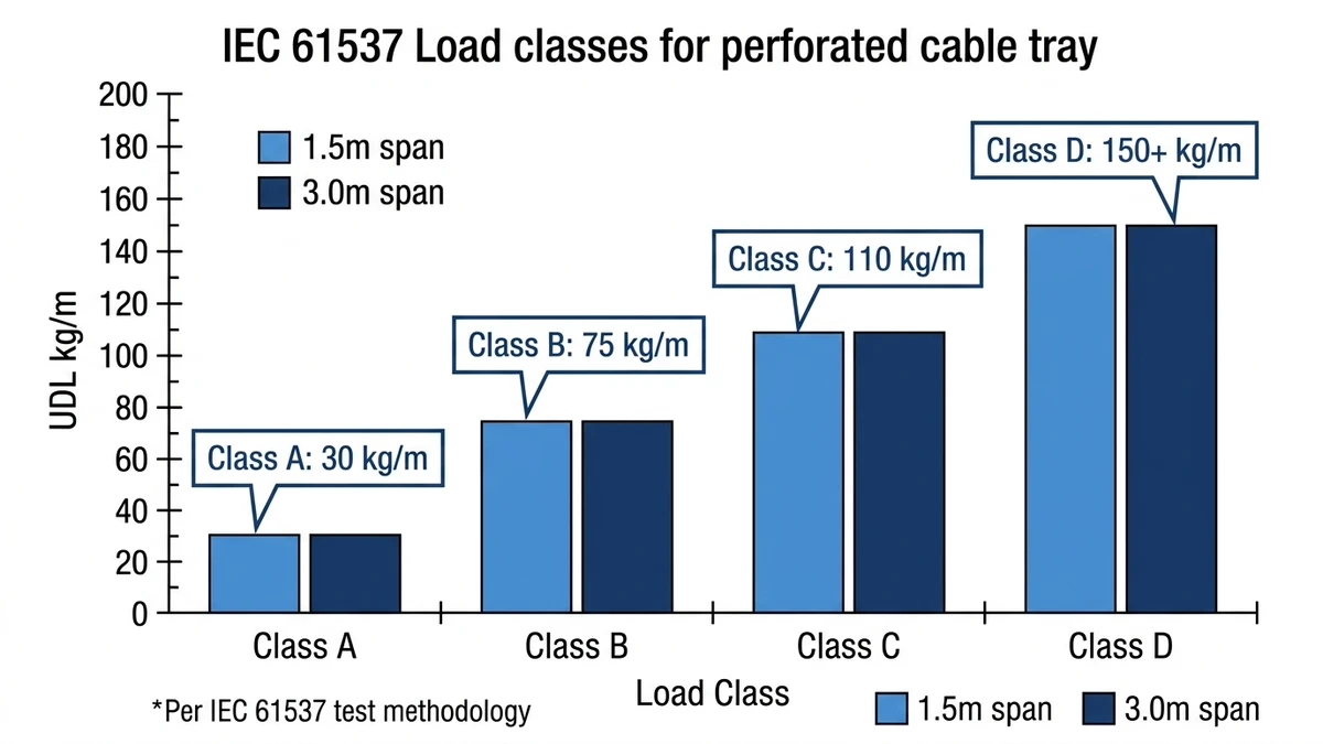 IEC 61537 load class chart comparing perforated cable tray span, UDL rating, and material grade