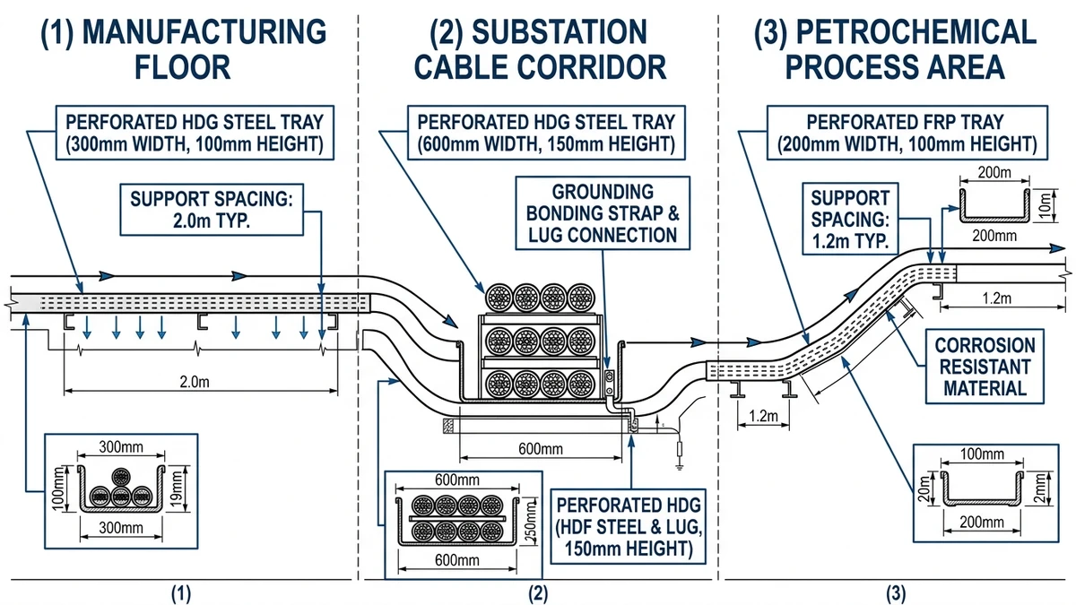 Industrial plant cross-section showing perforated cable tray routing across manufacturing, substation, and process zones