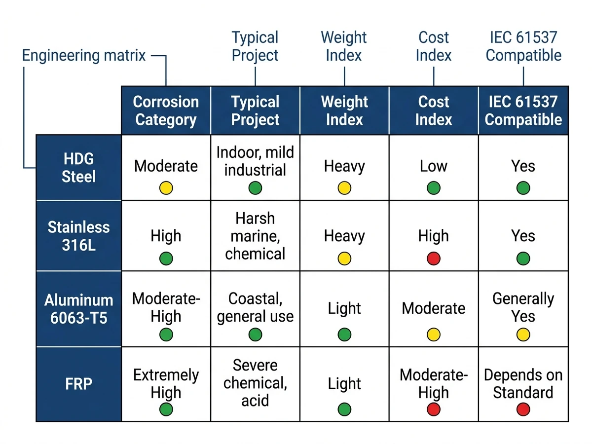 Perforated cable tray material selection matrix comparing HDG steel, stainless, aluminum, and FRP by environment