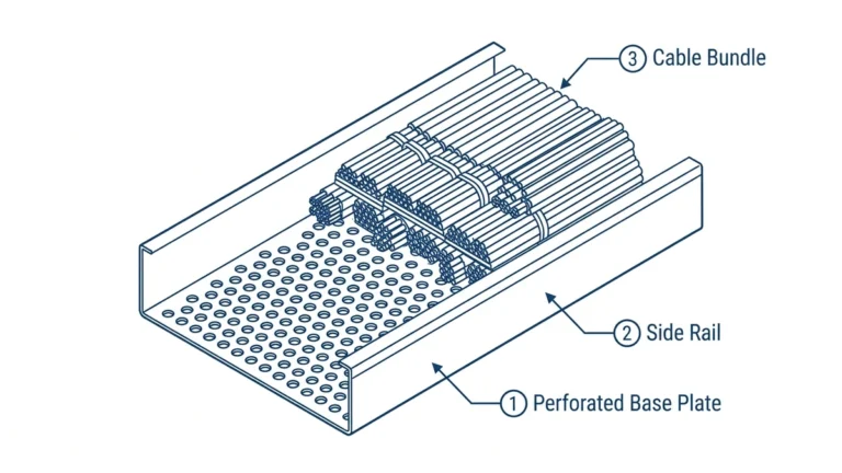 Perforated cable tray system showing punched base plate, side rails, and cable fill arrangement