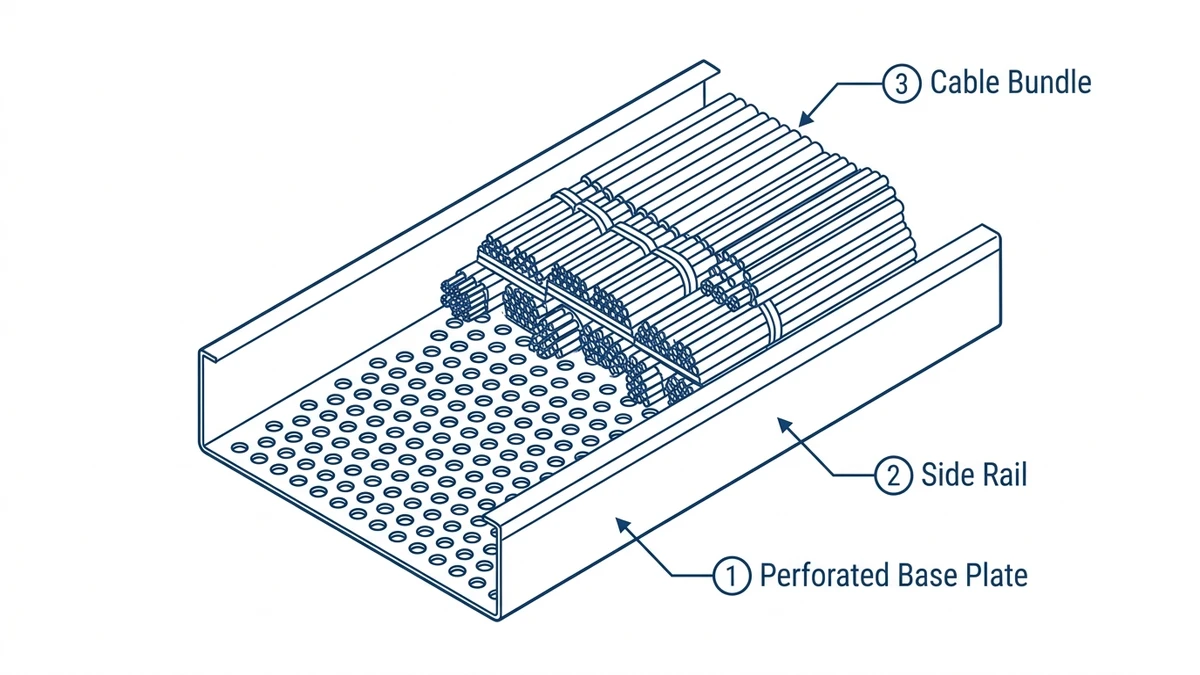 Perforated cable tray system showing punched base plate, side rails, and cable fill arrangement