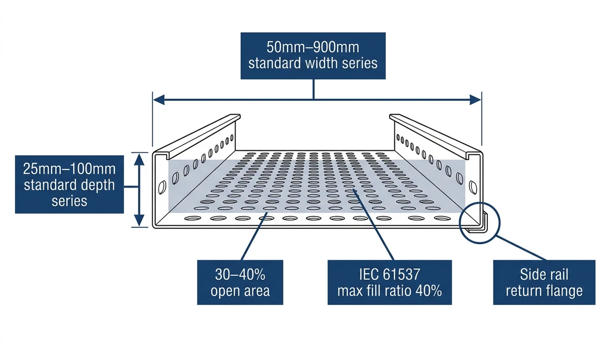 Perforated cable tray sizes showing standard width and depth dimension callouts