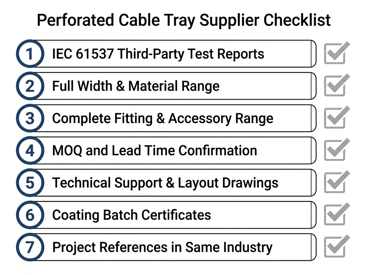 Seven-point perforated cable tray supplier evaluation checklist infographic for industrial and commercial projects