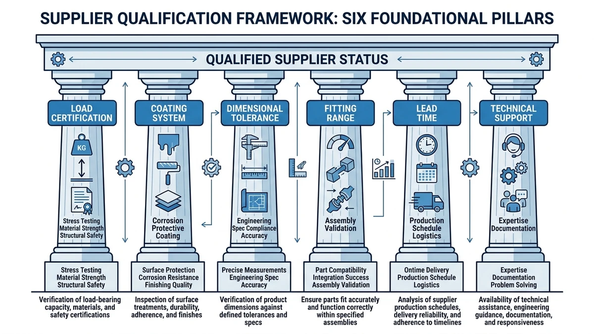 Perforated cable tray supplier evaluation diagram showing six qualification criteria for industrial buyers
