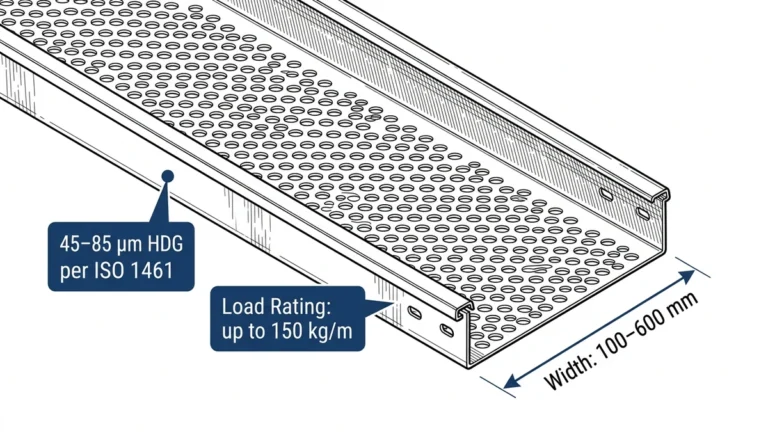 Perforated cable tray supplier evaluation showing HDG steel tray with load rating callouts