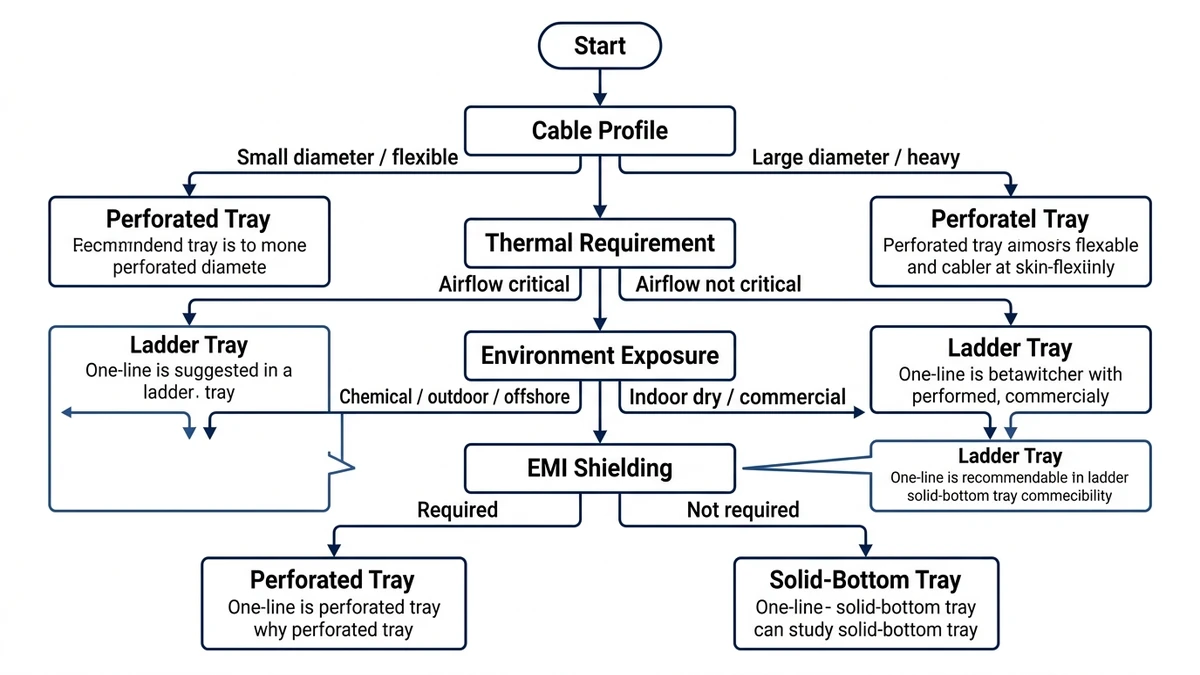 Engineering selection flowchart comparing perforated, ladder, and solid-bottom cable tray for project type decisions