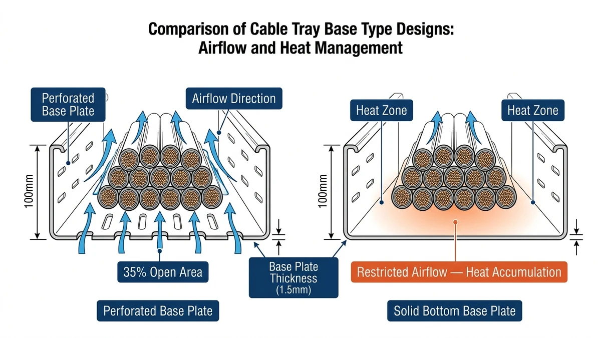 Cross-section diagram of perforated cable tray base versus solid bottom base with airflow callouts