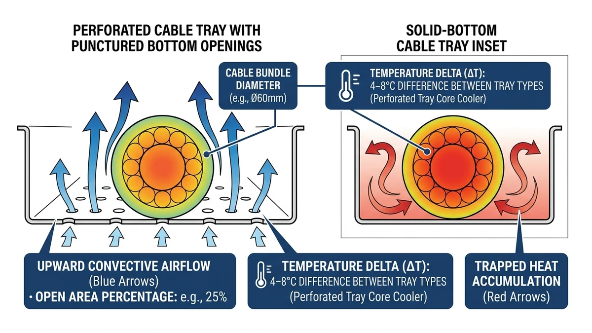 Perforated cable tray cross-section showing convective airflow arrows and cable bundle temperature gradient