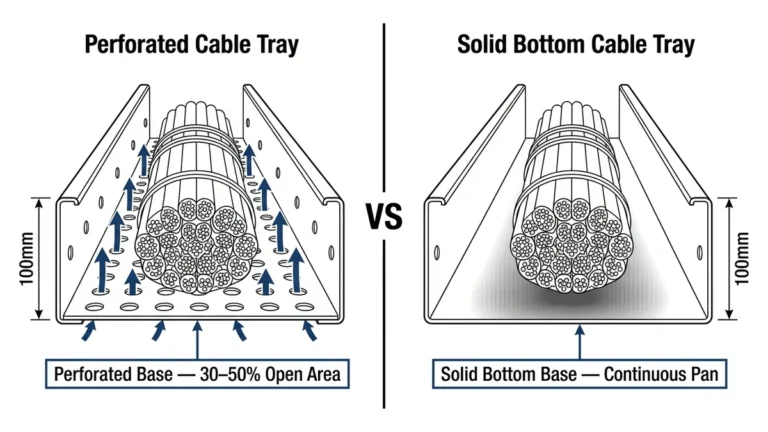 Perforated and solid bottom cable tray cross-sections compared side by side with airflow callouts