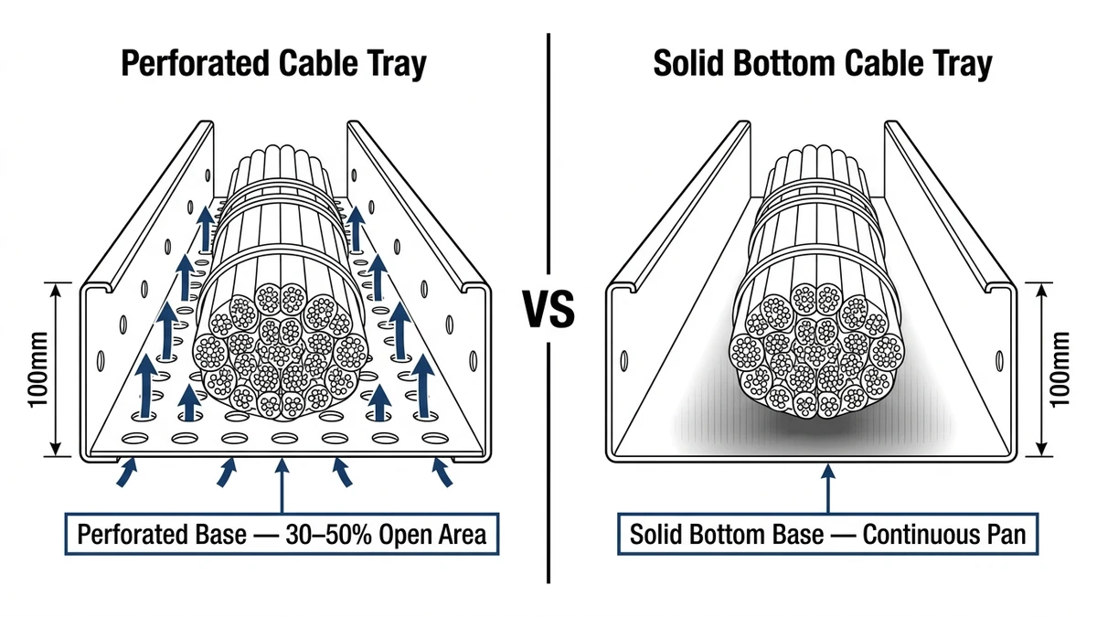 Perforated and solid bottom cable tray cross-sections compared side by side with airflow callouts