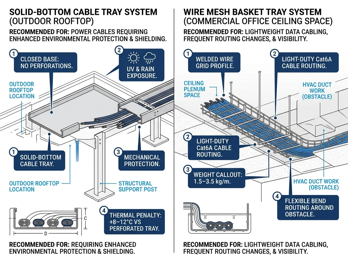 Solid cable tray outdoor installation and wire mesh tray office routing shown in field condition diagrams