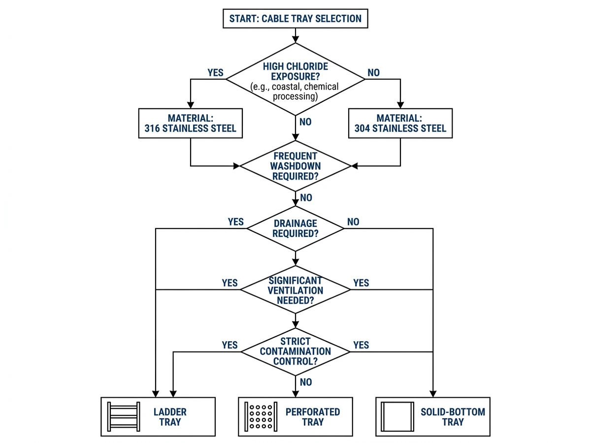 Stainless steel cable tray 304 versus 316 selection with tray form choices