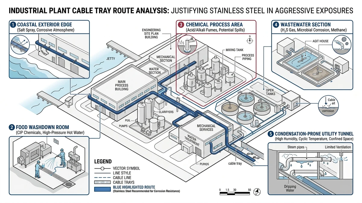 Stainless steel cable tray application map for coastal, washdown, and chemical areas