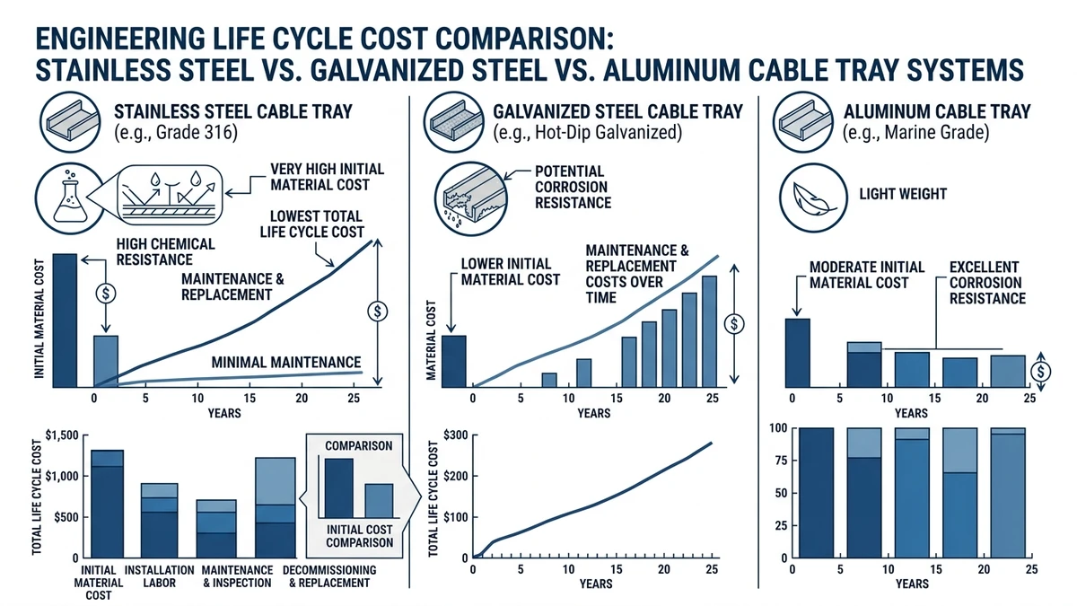 Stainless steel cable tray lifecycle cost comparison versus galvanized steel and aluminum