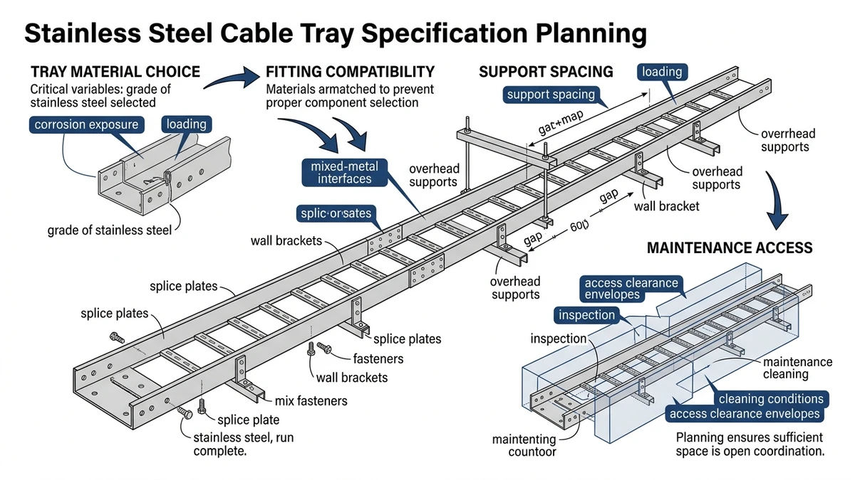 Stainless steel cable tray specification coordination for fittings, supports, and maintenance access