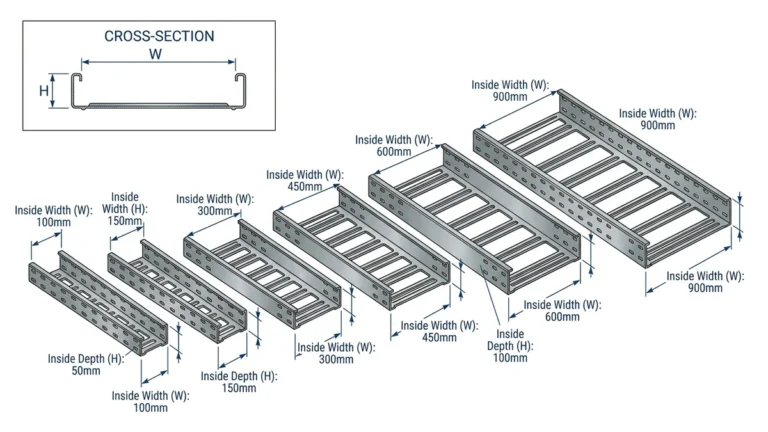 Standard cable tray width and depth ranges for industrial projects with labeled dimensions.