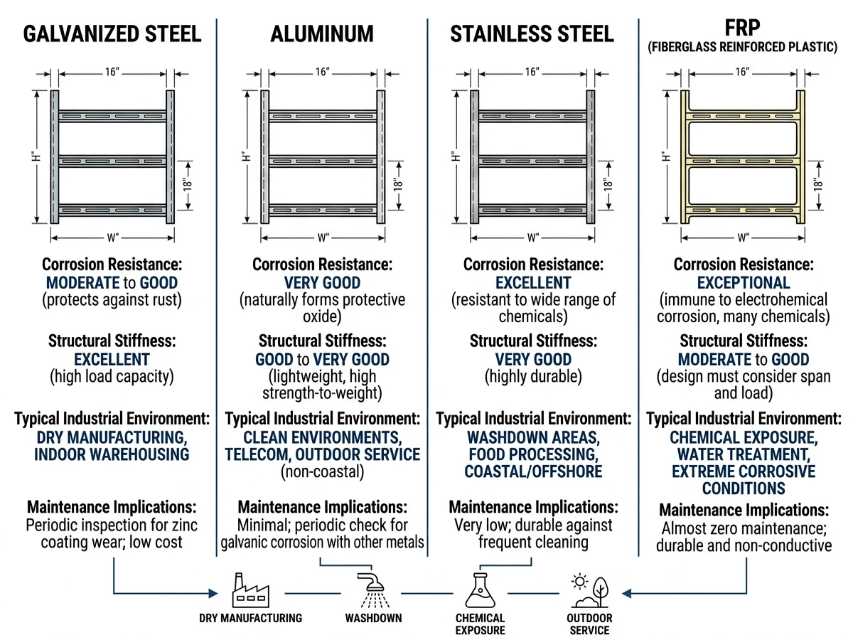 Cable tray material comparison chart for steel aluminum stainless steel and FRP