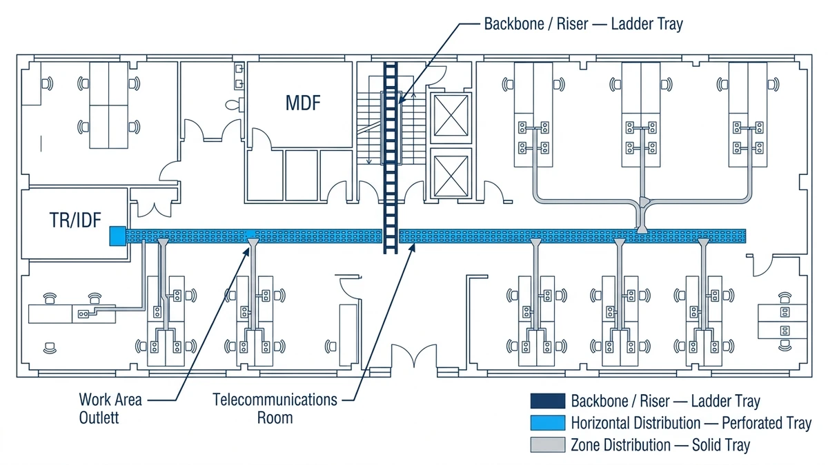 Structured cabling floor plan showing ladder tray backbone, perforated tray horizontal distribution, and solid tray zone distribution