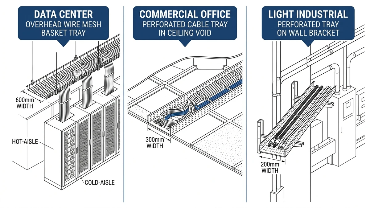 Cable tray application scenarios showing wire mesh and perforated tray placement in data center and office environments