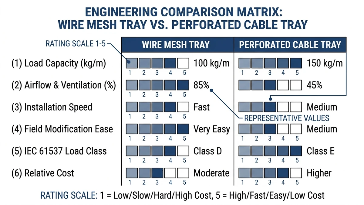 Performance comparison chart of wire mesh and perforated cable tray across six engineering attributes