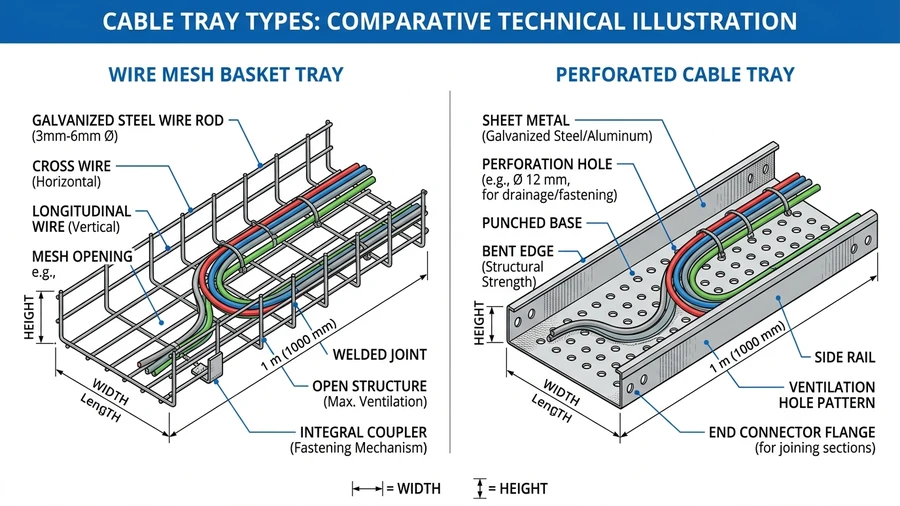 Wire mesh and perforated cable tray structural components labeled with engineering callouts