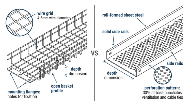 Wire mesh and perforated cable tray side-by-side comparison for light-duty routing