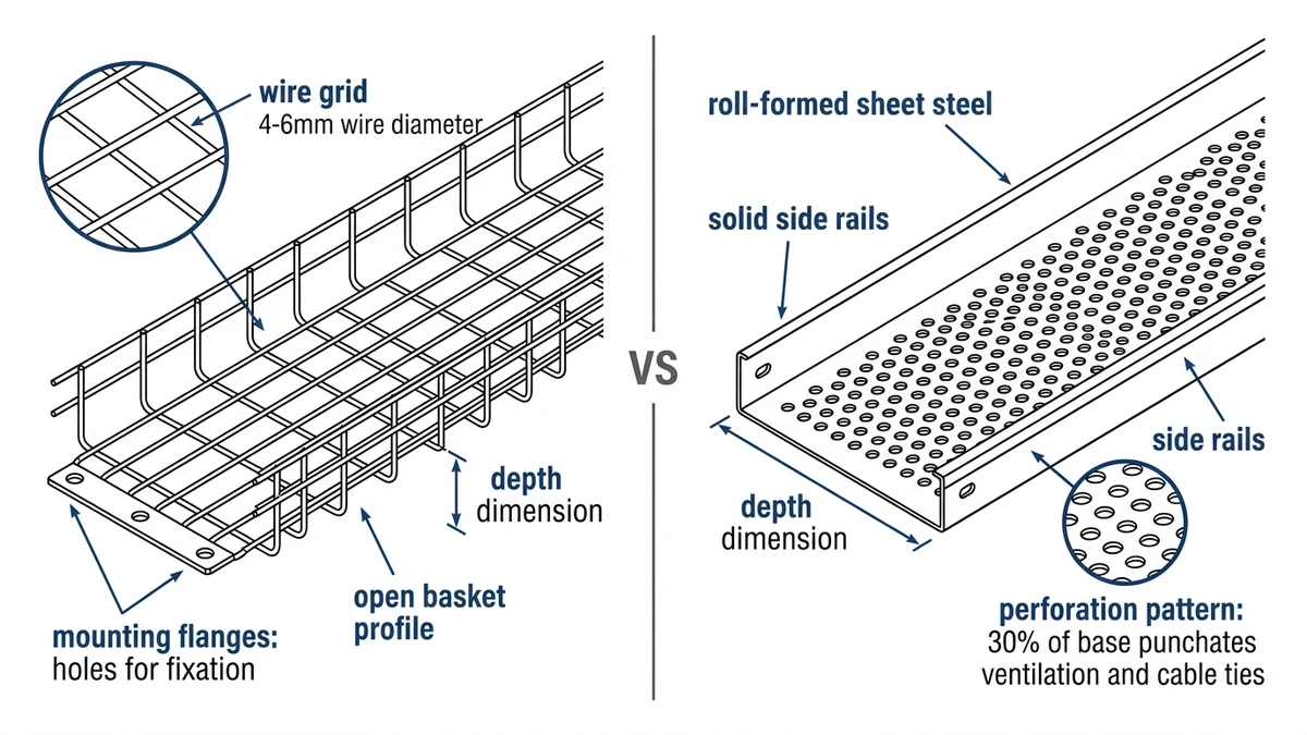 Wire mesh and perforated cable tray side-by-side comparison for light-duty routing