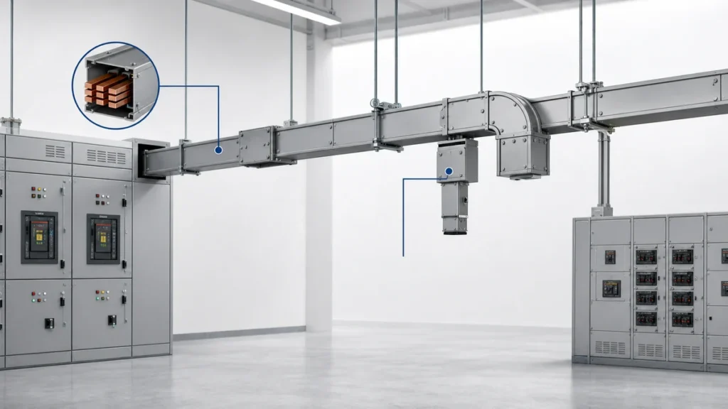 Enclosed bus duct system routing power from switchgear through an industrial electrical room