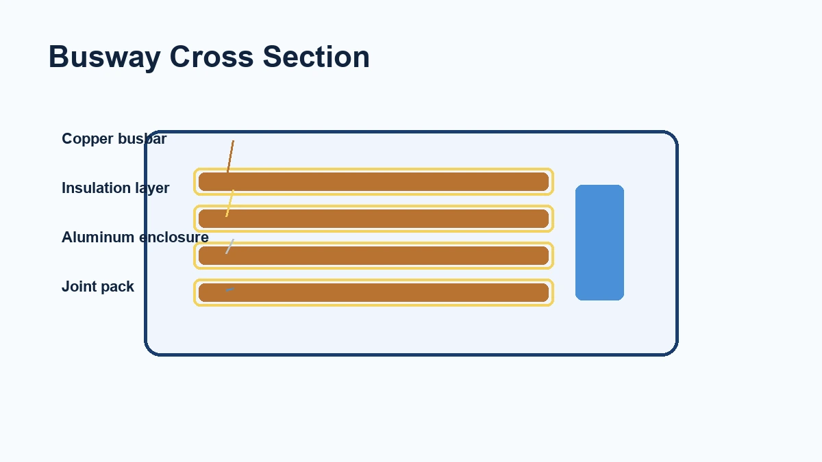 Busway cross section showing busbars, insulation, enclosure, joint pack, and tap-off interface