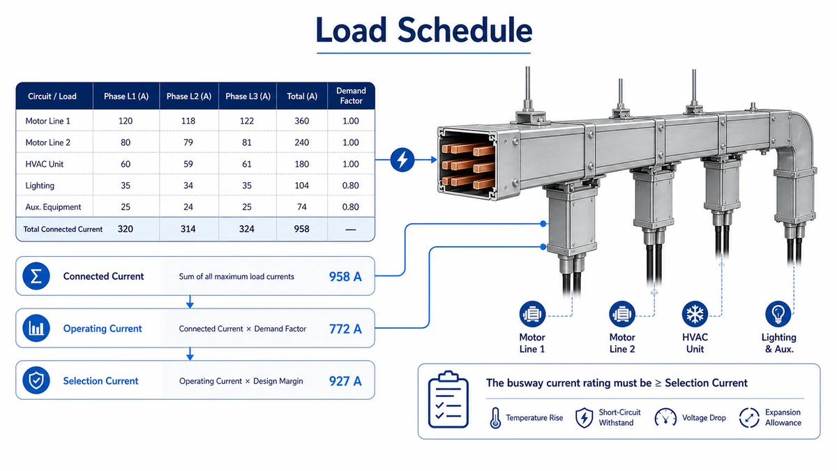 Load schedule diagram for busway current rating selection