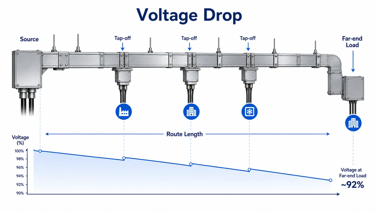 Voltage drop and route length check for busway rating selection