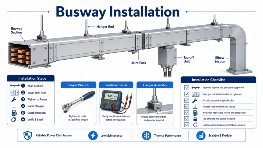Busway installation guide showing joint torque alignment and testing workflow