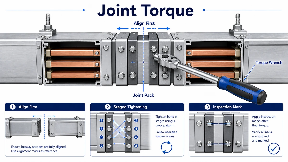 Busway joint torque diagram with alignment and calibrated tightening sequence