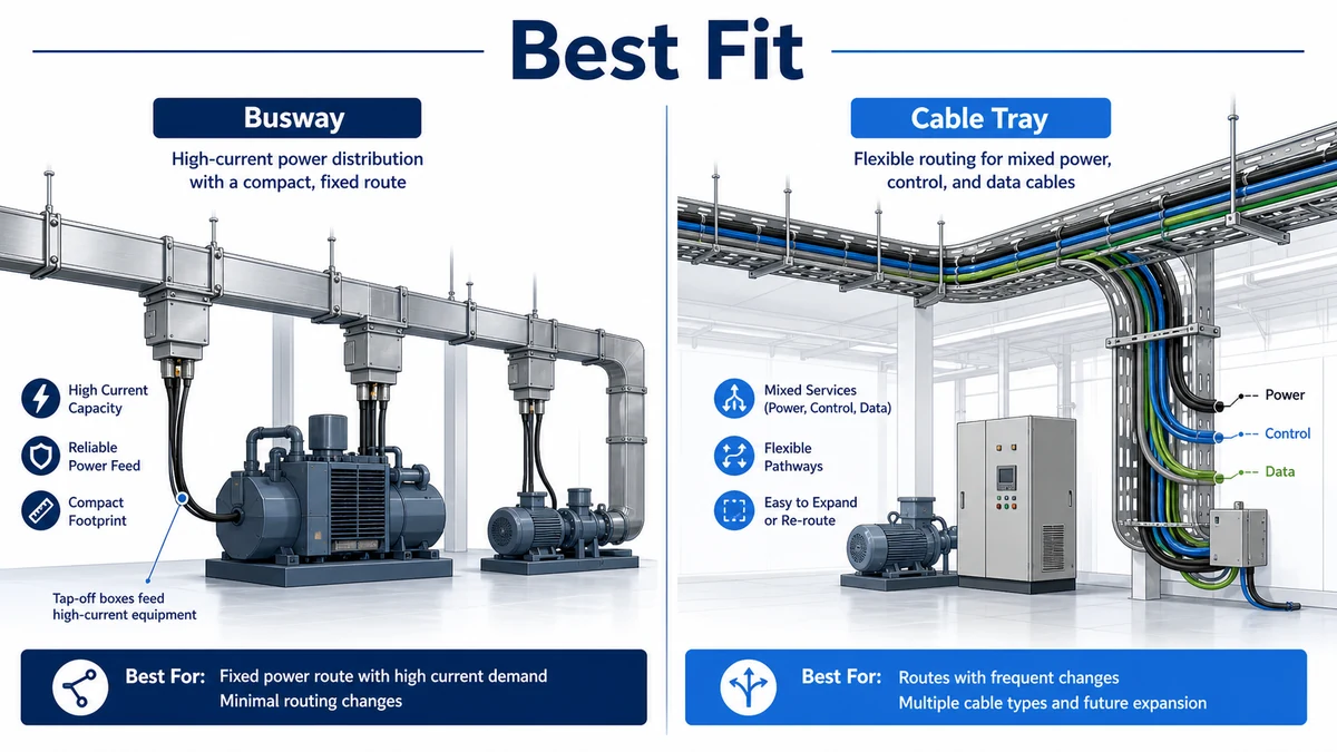 Best fit diagram comparing busway backbone power and cable tray mixed cable routing