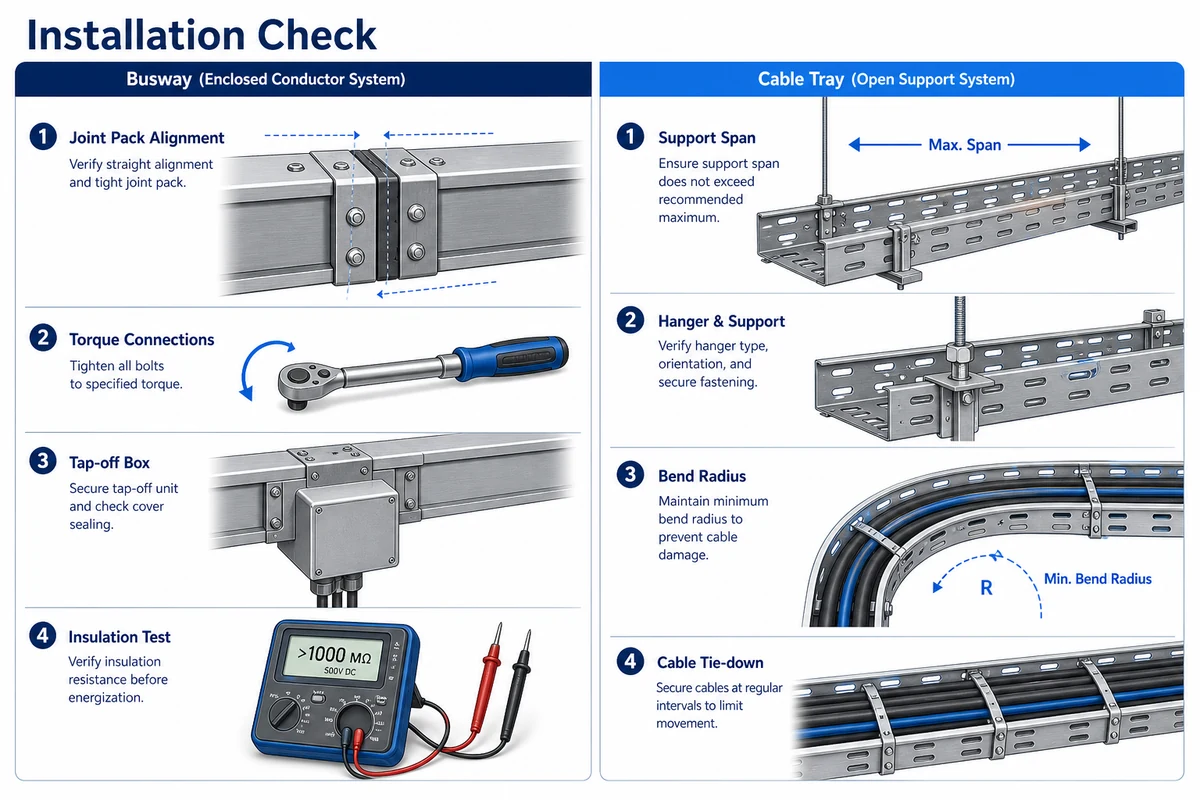 Installation checklist diagram for busway joints and cable tray supports