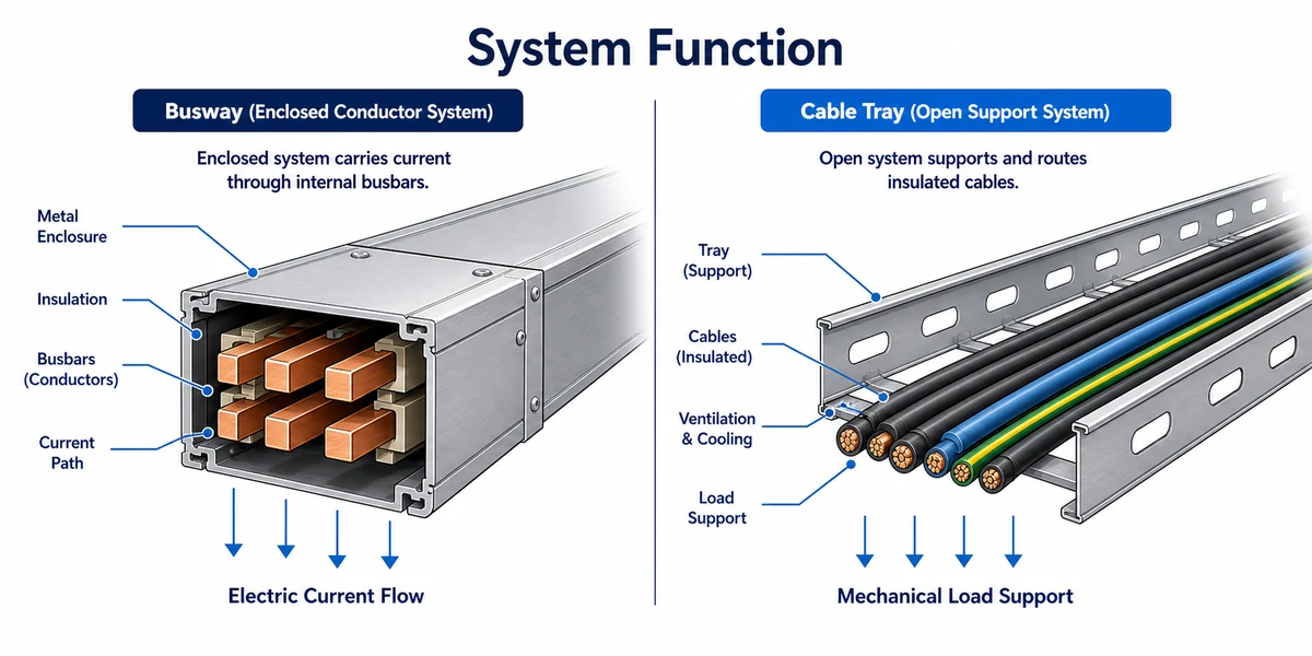 Diagram showing busway as conductor system and cable tray as cable support pathway
