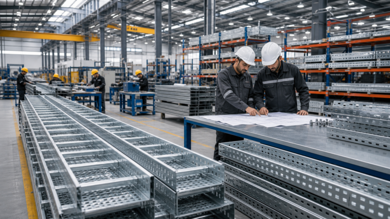Cable tray manufacturer ranking hero image showing ladder and perforated tray manufacturing inspection
