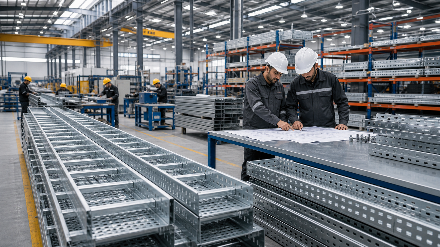 Cable tray manufacturer ranking hero image showing ladder and perforated tray manufacturing inspection