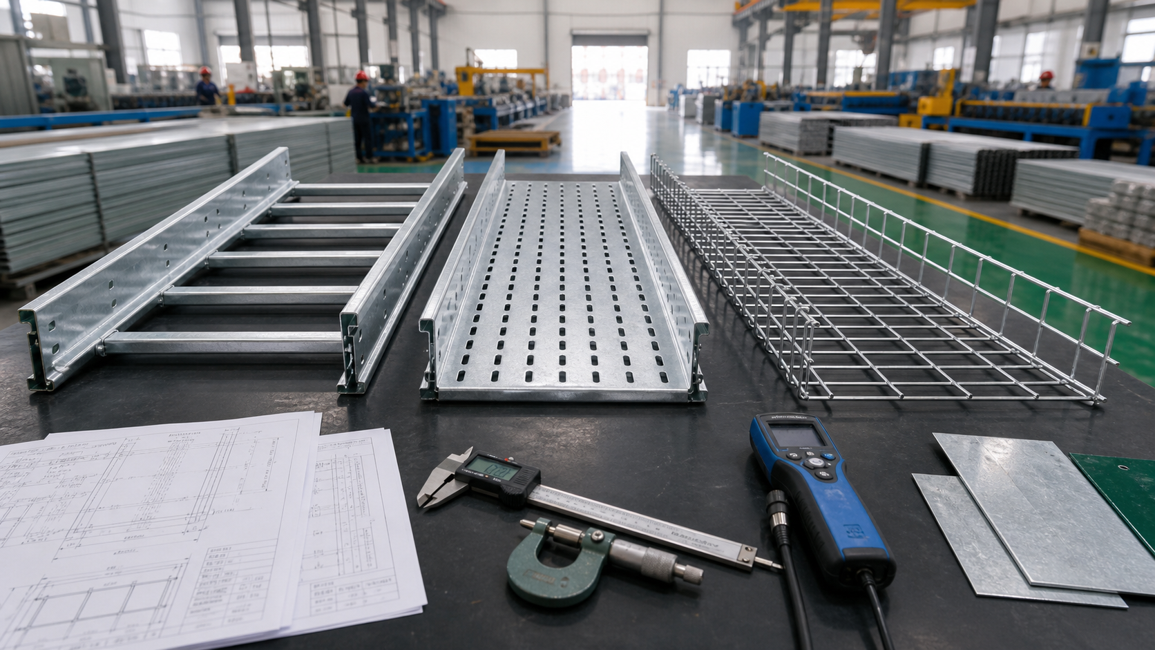 Cable tray type comparison bench in Xinma factory context