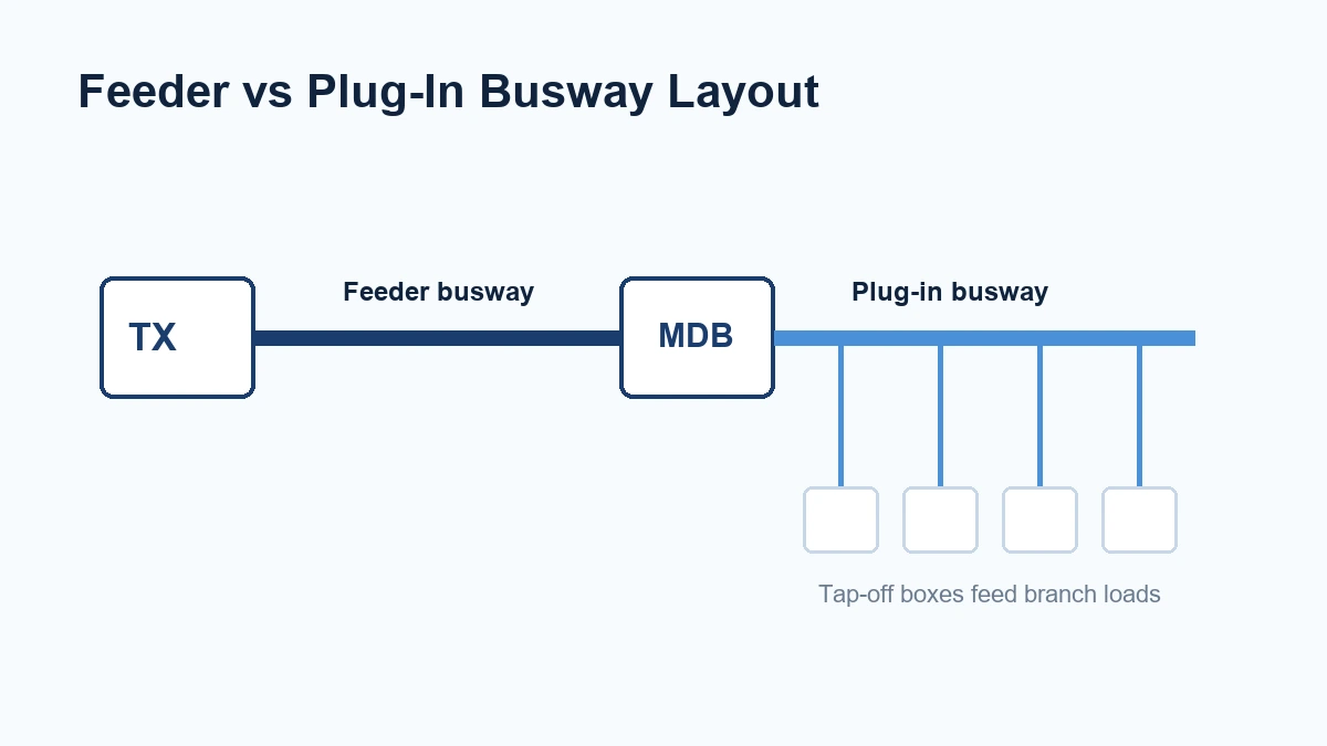 Single-line layout comparing feeder busway and plug-in busway