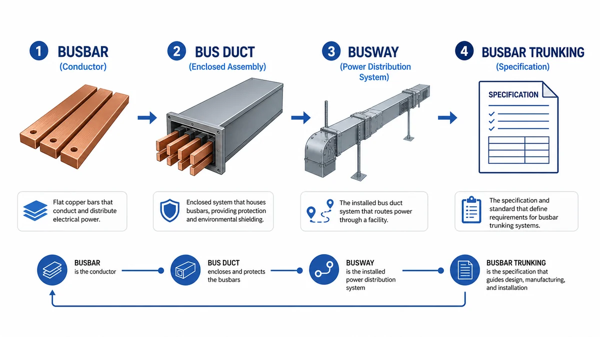 Terminology map comparing bus duct, busway, busbar trunking, and busbar