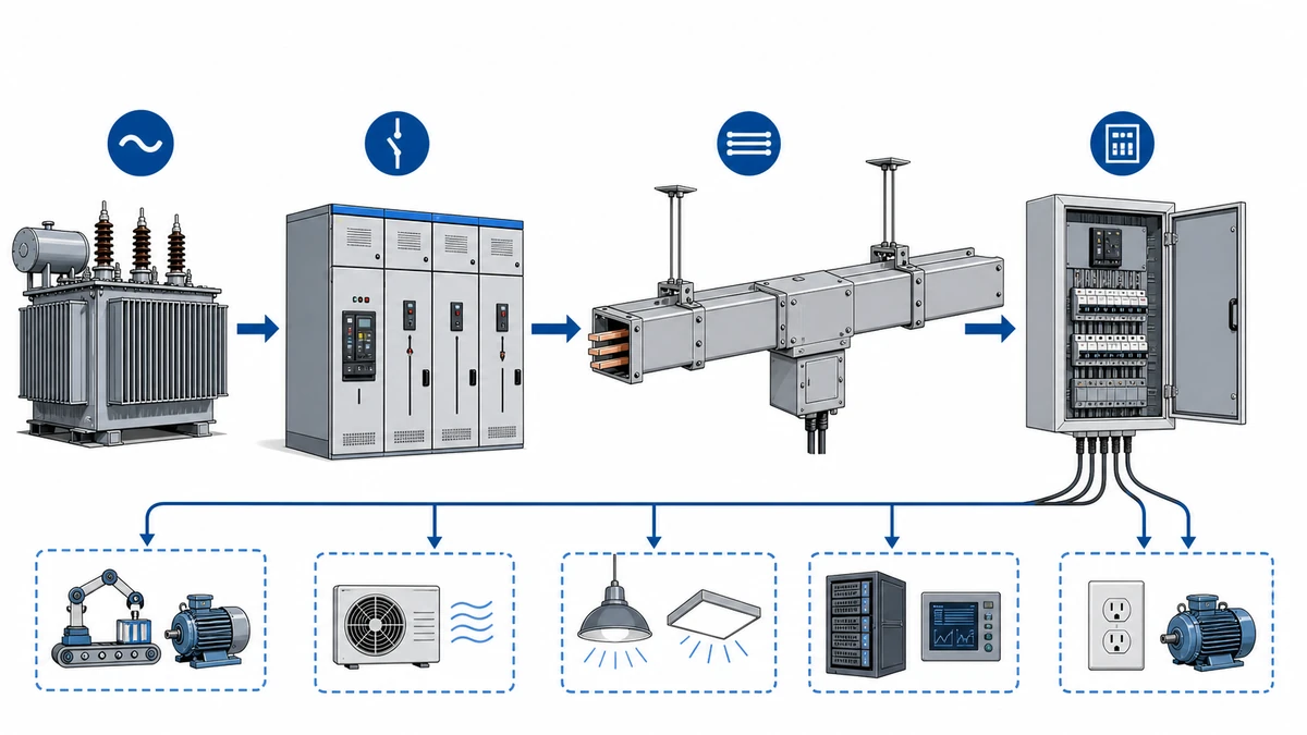 Busbar electrical system path from transformer to switchgear and downstream loads